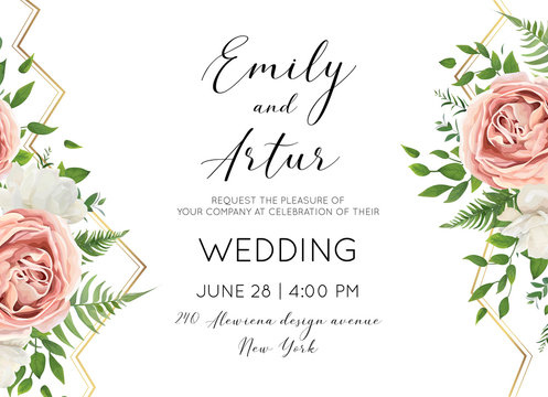 Wedding floral invite, invtation, save the date card design with watercolor pink roses, white garden peony flowers, green leaves, forest greenery & luxury golden geometrical decoration. Classy layout