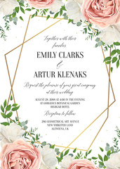 Wedding floral invite, invtation card design. Watercolor blush pink rose, white garden peony flowers blossom, green leaves, greenery plants & golden geometrical frame. Vector romantic, modern template