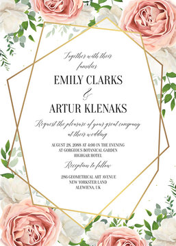 Wedding floral invite, invtation card design. Watercolor blush pink rose, white garden peony flowers, green leaves, greenery fern & golden geometrical transparent frame. Vector, elegant, classy layout