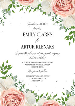 Wedding floral invite, invtation, save the date card design. Watercolor blush pink rose flowers, white garden peonies, green leaves, greenery plants, tender polka dot pattern. Vector romantic template