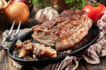 Still hot baked pork belly or bacon