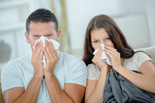 young couple sneezing and blowing their noses