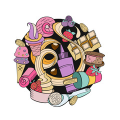 Miscellaneous ice cream with fruit and topping. Hand drawn vector illustration.