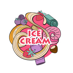 Miscellaneous ice cream with fruit and topping. Hand drawn vector illustration.
