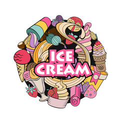 Miscellaneous ice cream with fruit and topping. Hand drawn vector illustration.