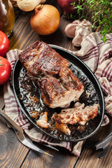 Still hot baked pork belly or bacon