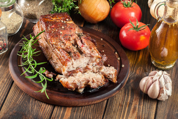 Still hot baked pork belly or bacon
