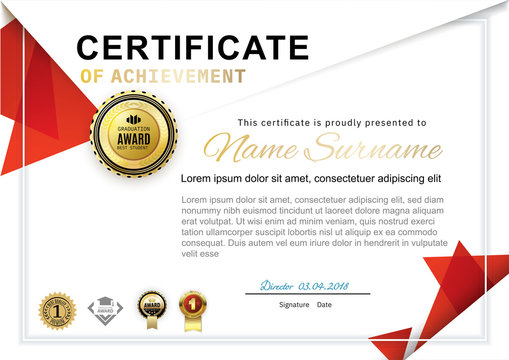 Official white certificate with red triangle design elements, Gold emblems, crown. Business clean modern design. Triangle elements