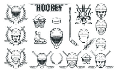 Obraz premium Set of different elements for hockey playing. Hockey helmet. Professional ice skates illustration. Skull with hockey helmet. Ice Games logo. Goalkeeper mask with sticks. Vector graphics to design.