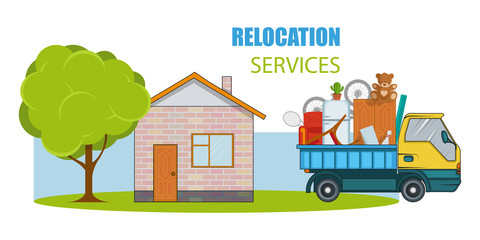 Relocation service. Moving concept.Truck is transporting things near the house with a tree. Delivery freight truck illustration. Transport company for relocation and moving. Vector graphics to design.