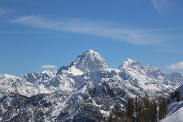 high mountains in winter from Lussari Mount in the Italian Region called Friuli