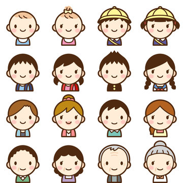 Isolated set of people all generation family man & woman avatar expressions