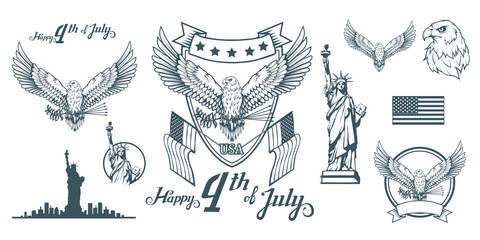 Set for design of America's Independence Day. Traditional Symbols of America. Bald eagle logo. Happy Independence Day. American flag. Vector graphics to design.