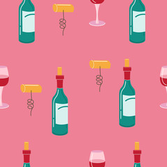 The wine and Corkscrew. Seamless pattern.