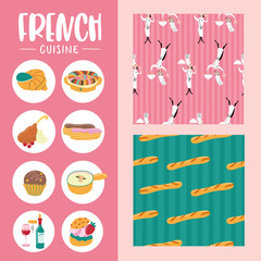 Seamless pattern on pink background. Funny chef with a dish in hand. Seamless pattern on green background. French baguette bread. A set of icons of traditional French cuisine. 