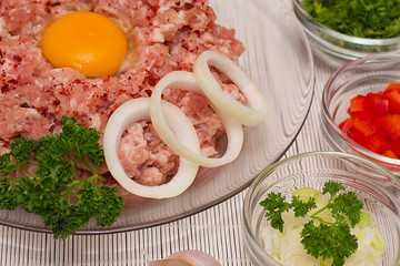 Minced meat. Ground meat with ingredients for cooking on a white background.
