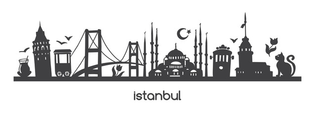 Vector panoramic illustration Istanbul with black silhouette of turkish symbols and landmarks of Turkey. Hand drawn elements: Galata tower, bridge, tram, mosque. Horizontal banner or print design.  - obrazy, fototapety, plakaty