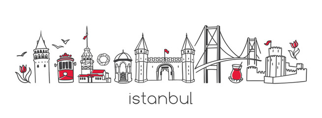 Istanbul. Hand drawn vector illustration of famous turkish landmarks and symbols. Set of doodle outline elements in horizontal panoramic scene. Simple minimalistic style for travel or print design. 