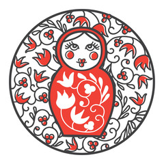 Hand drawn vector illustration of traditional russian doll Matryoshka in a circle frame with national floral ornament. Modern line image with famous souvenir of Russia in black, red and white colors.