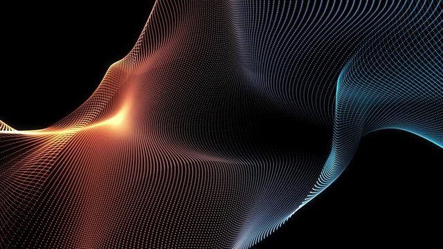 Abstract loopable blue and gold cg motion waving dots texture with glowing defocused particles. Cyber or technology digital landscape background. 3840x2160 4k uhd
