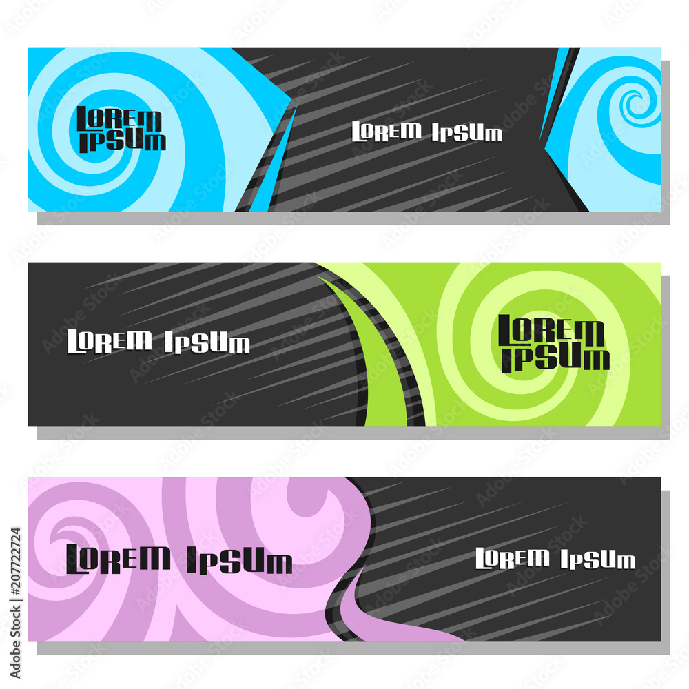 Poster vector set of horizontal futuristic banners, 3 layouts for website headers with spiral abstract patt