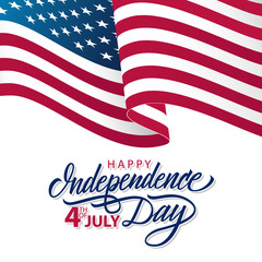 Naklejka premium USA Independence Day greeting card with waving american national flag and hand lettering text Happy Independence Day. 4th of July vector illustration.