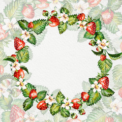 Watercolor floral background with strawberries. Summer card with copy space. Frame with watercolor strawberries. Hand painted background.