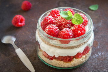 Raspberry cheesecake in  jar