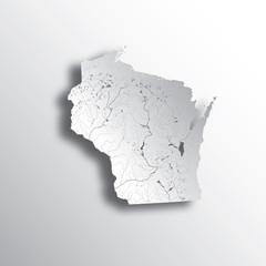 U.S. states - map of Wisconsin with paper cut effect. Please look at my other images of cartographic series - they are all very detailed and carefully drawn by hand WITH RIVERS AND LAKES.