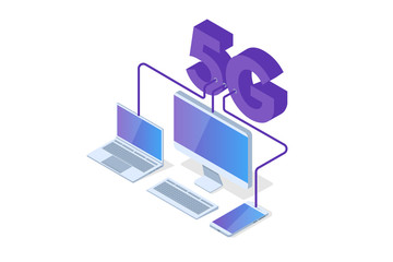 5G connection isometric concept. Telecommunications technology. Vector illustration.