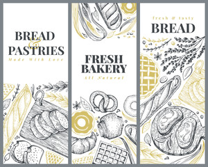Bakery top view design templates. Hand drawn vector illustration with bread and pastry. Retro illustrations set. Can be use for menu, packaging.