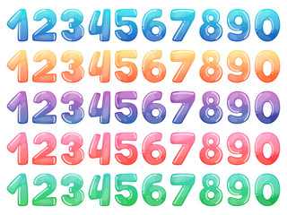 Set of color cartoon numbers. Rainbow candy and glossy funny cartoon symbols. Collection of different holiday symbols