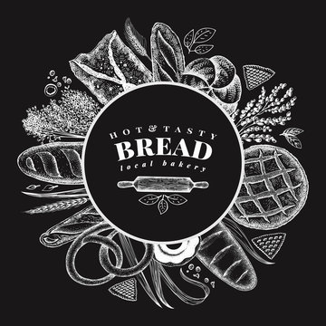Vector bakery hand drawn illustration on chalk board. Background with bread and pastry. Retro design template. Can be use for menu, packaging.