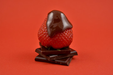 Chocolate covered strawberry stock photo images. Fresh strawberry with chocolate on a red background. Chocolate fruity delicacy. Valentines Day concept