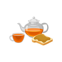 Flat vector icon of glass teapot and cup with fresh brewed tea, toast with peanut butter. Delicious breakfast. Food and drink theme