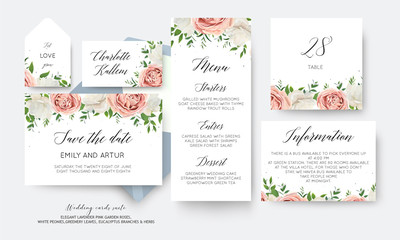Fototapeta na wymiar Wedding floral save the date, menu, label, table number card big vector design with creamy white garden peony flowers blush pink roses, eucalyptus green leaves, greenery herbs decoration. Romantic set