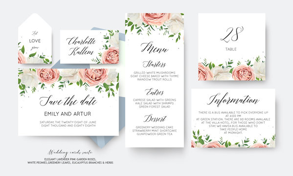Wedding floral save the date, menu, label, table number card big vector design with creamy white garden peony flowers blush pink roses, eucalyptus green leaves, greenery herbs decoration. Romantic set