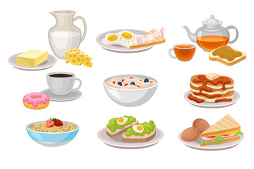 Tasty breakfast. Dairy products, corn flakes and oatmeal, pancakes and donut with coffee, sandwiches and fried eggs. Flat vector set