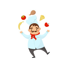 Funny chef with mustache juggles with food. Man in uniform with hat and red scarf. Flat vector element for promo poster or banner