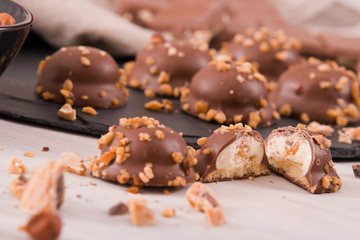 Chocolate truffles with caramel cream filling.