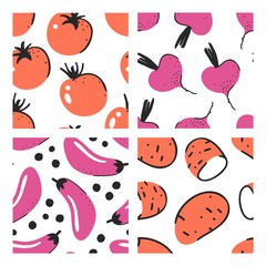 Set of hand drawn seamless pattern with vegetables. Vector artistic tomato, beet, eggplant, potato. Summer illustration vegeterian food