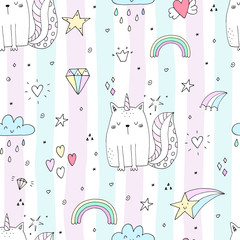 Seamless pattern with hand drawn cute cats unicorn. Cartoon cat vector illustration