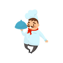Professional restaurant chef holding dish in hand. Funny man with mustache in uniform. Flat vector design for poster or banner