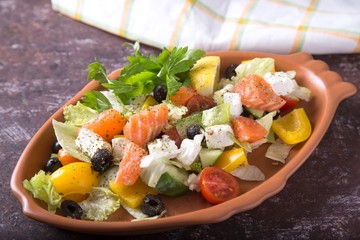 Salmon and vegetables salad on a plate
