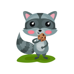 Adorable gray raccoon eating tasty cookie and stroking his belly. Icon of forest animal. Design for sticker or children book