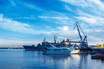 ships and yachts are at the pier, seaport