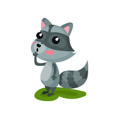 Gray raccoon with surprised face expression. Animal with pink cheeks and striped tail. Flat vector element for mobile app or children book