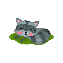 Adorable raccoon sleeping on green grass. Wild forest animal with cute muzzle and striped tail. Flat vector for sticker or children book