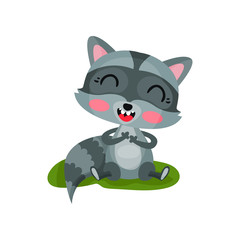 Happy raccoon sitting on green grass and laughing. Flat vector icon of wild forest animal with pink cheeks and striped tail