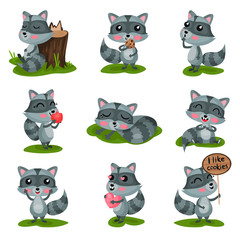 Flat vector set with adorable raccoon in different situations. Wild forest animal with shiny eyes, pink cheeks and striped tail